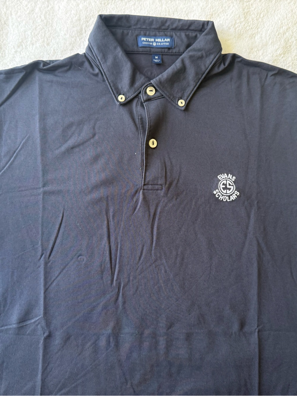 Peter Millar Navy Button-Down Collar Polo with Embroidered Crest